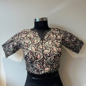 Notched V-Neck Hand Block Print Blouse Cotton